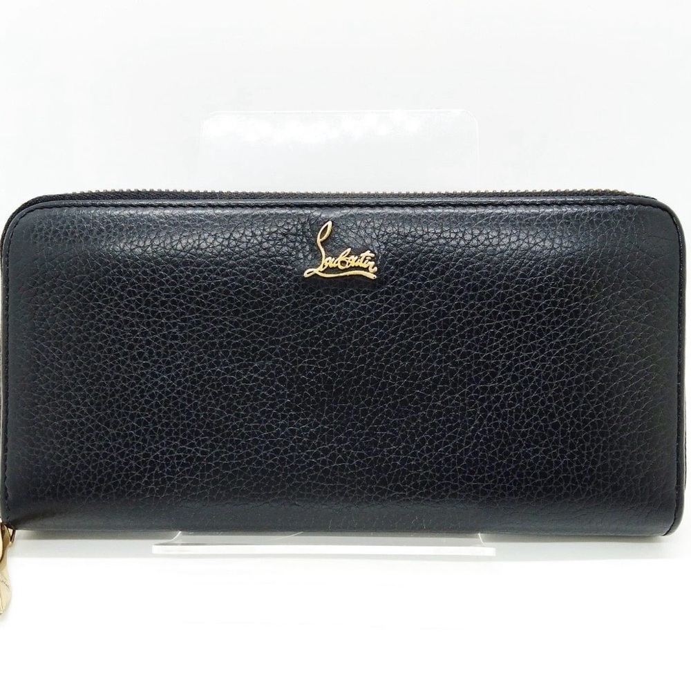 Christian Louboutin Black Pebbled Leather Zip-Around Wallet with Gold Logo